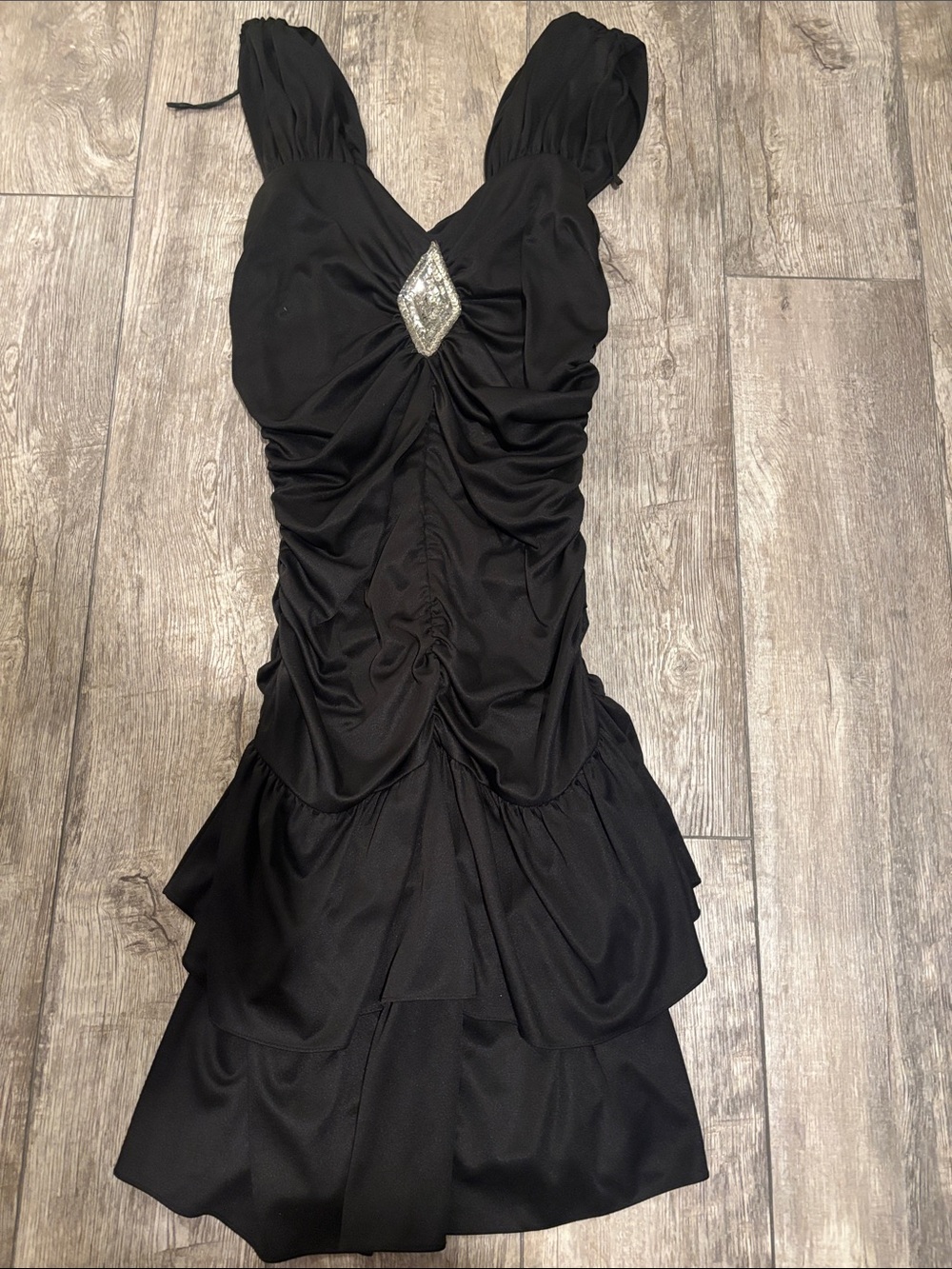 Black Ruched Cocktail Dress with Sequined Accent - size 13